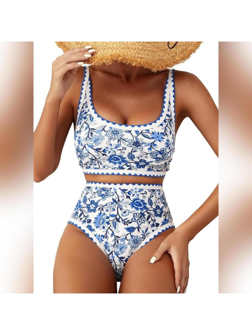 NWOT Herseas 2 Piece Floral Print Whip Stitch High Waisted Swimsuit, M 8-10
